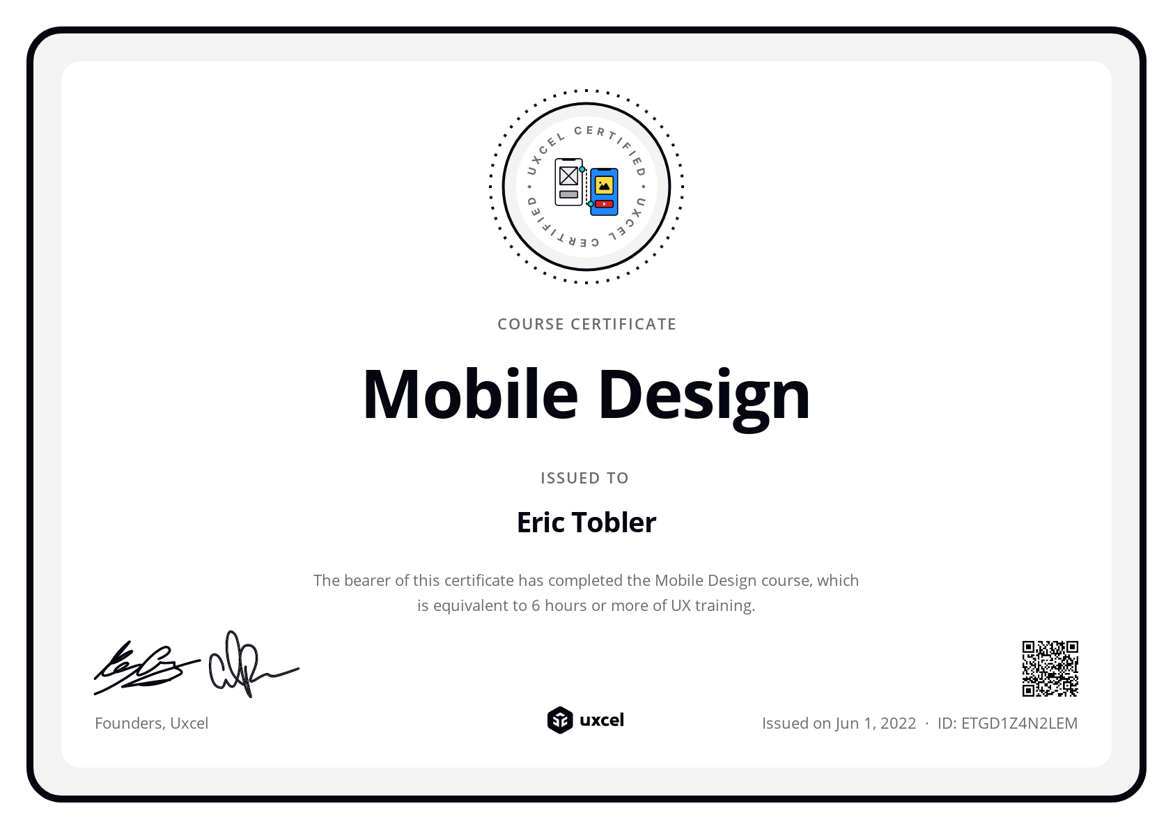 Eric Tobler's certificate